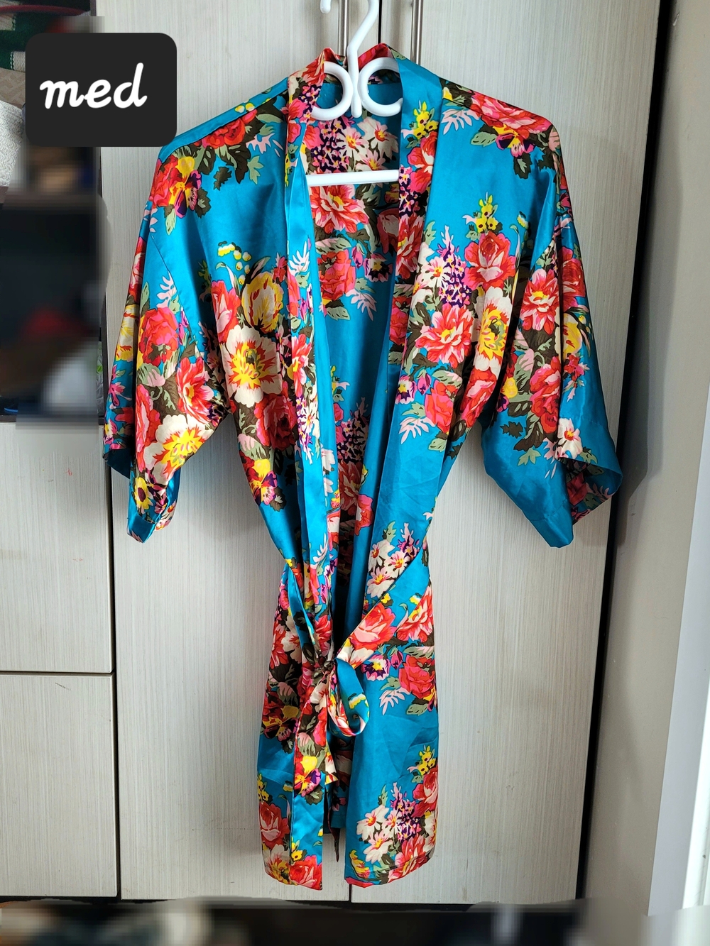 Floral Satin  Robe - Turquoise
